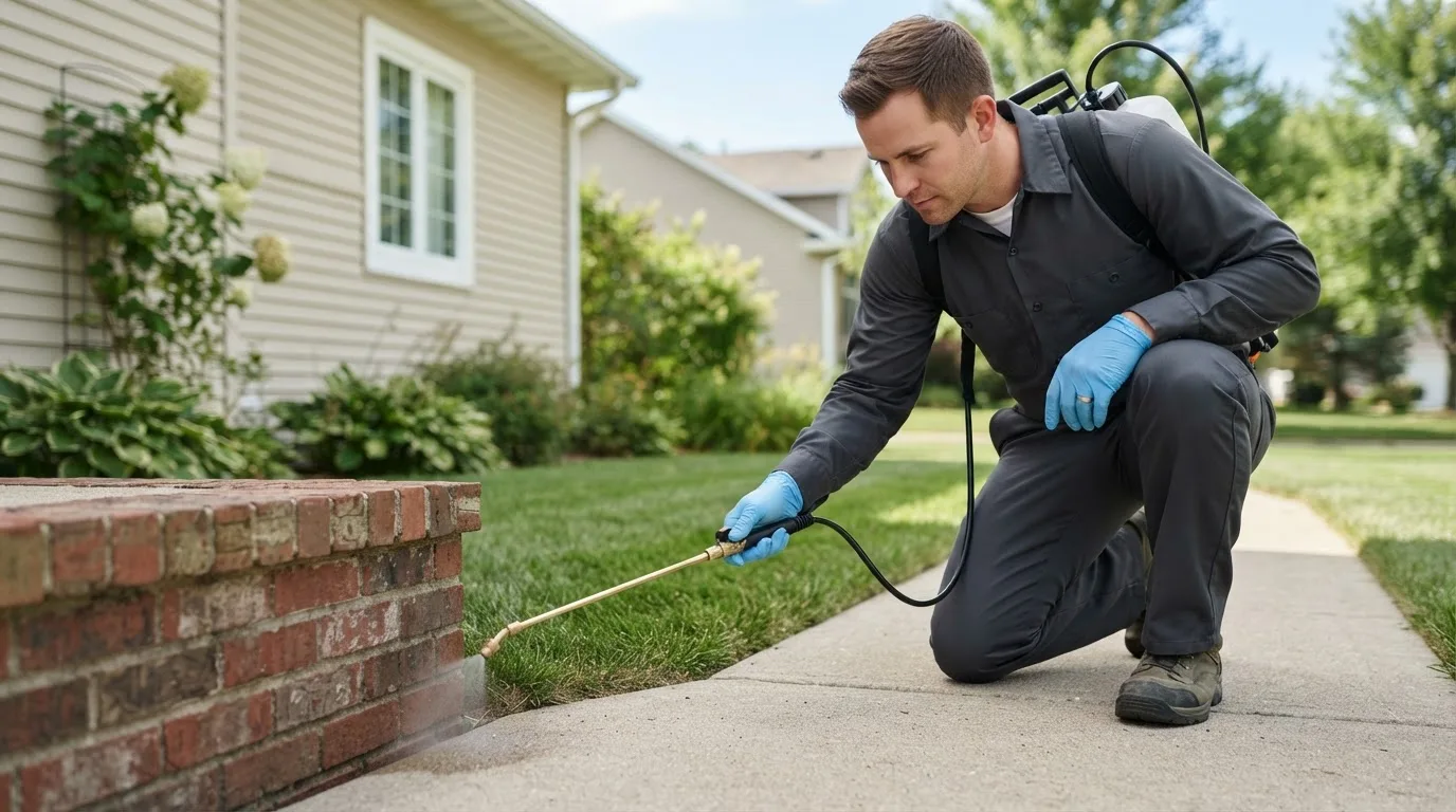 Pest control technician treating a home near Highland Home, AL