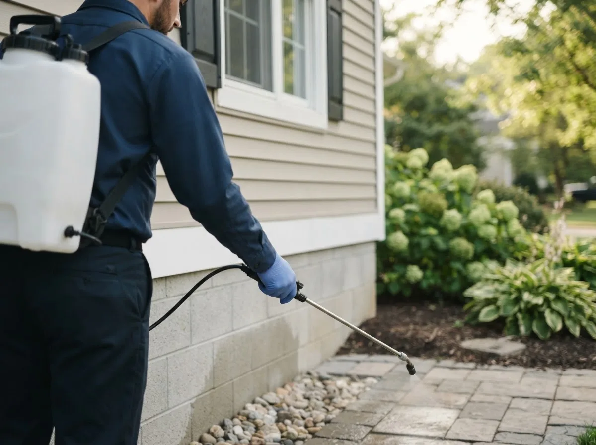 Pest control technician inspecting a home in Highland Home, AL